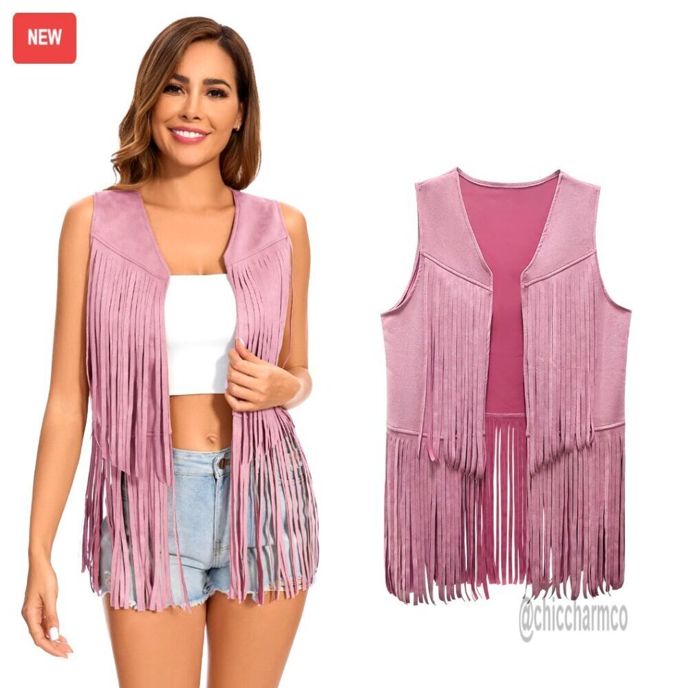 Faux Suede Fringe Vest Sleeveless Western Tassel Jacket Boho Hippie Retro